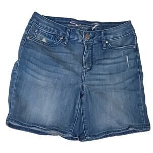 Seven 7 Distressed Stitched V High Rise Light Wash Denim Bermuda Shorts Sz 4